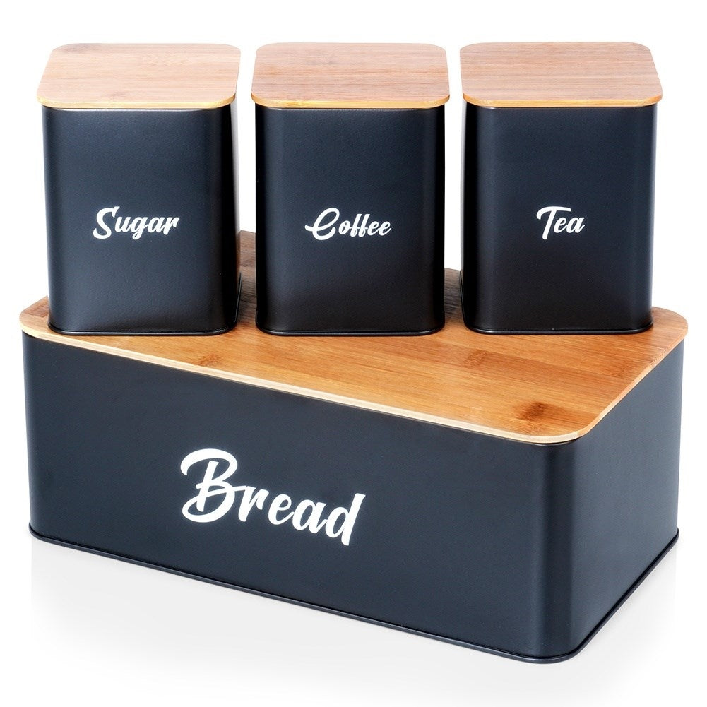 Black kitchen container set with bamboo lid and bread box