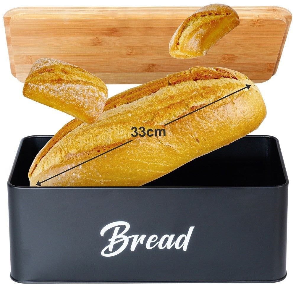 Black kitchen container set with bamboo lid and bread box