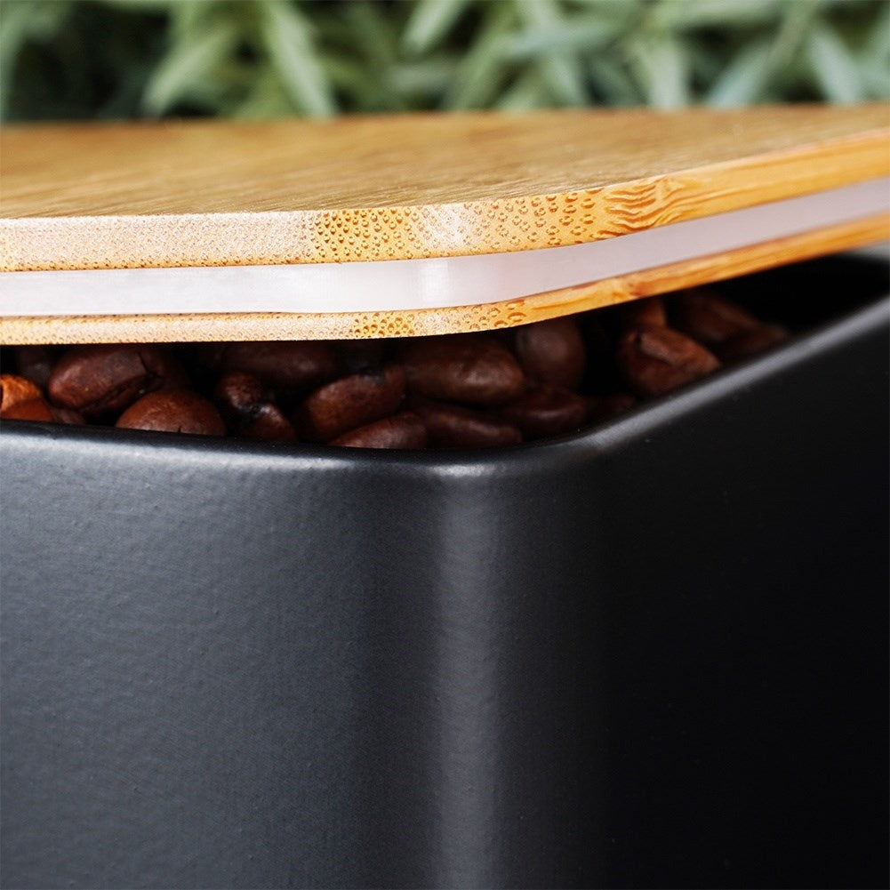 Black kitchen container set with bamboo lid and bread box