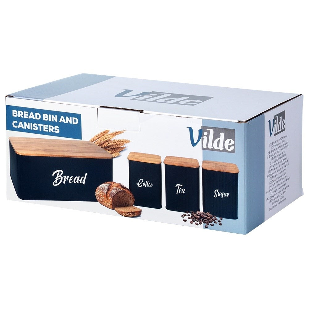 Black kitchen container set with bamboo lid and bread box