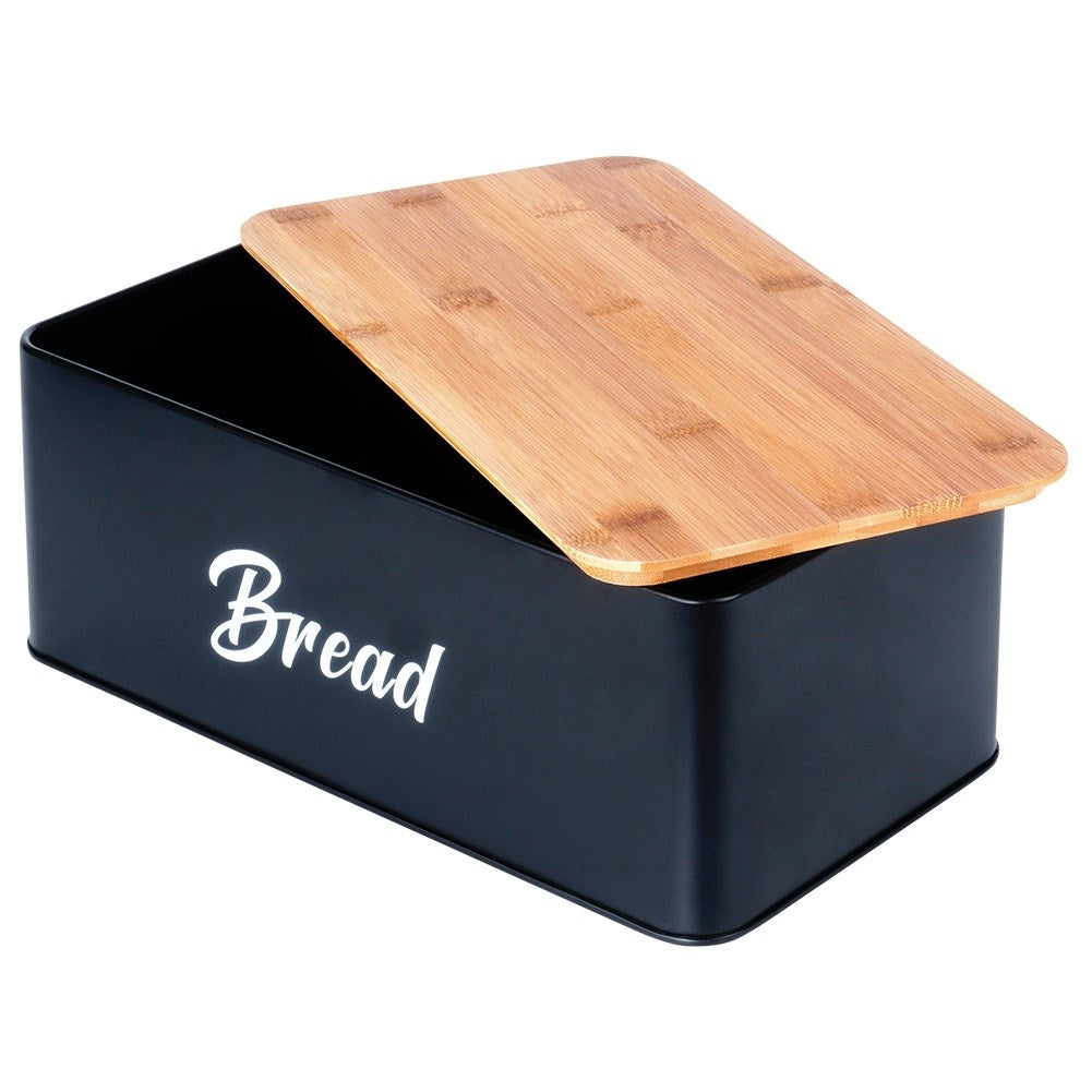 Black kitchen container set with bamboo lid and bread box