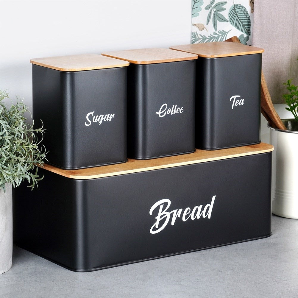 Black kitchen container set with bamboo lid and bread box