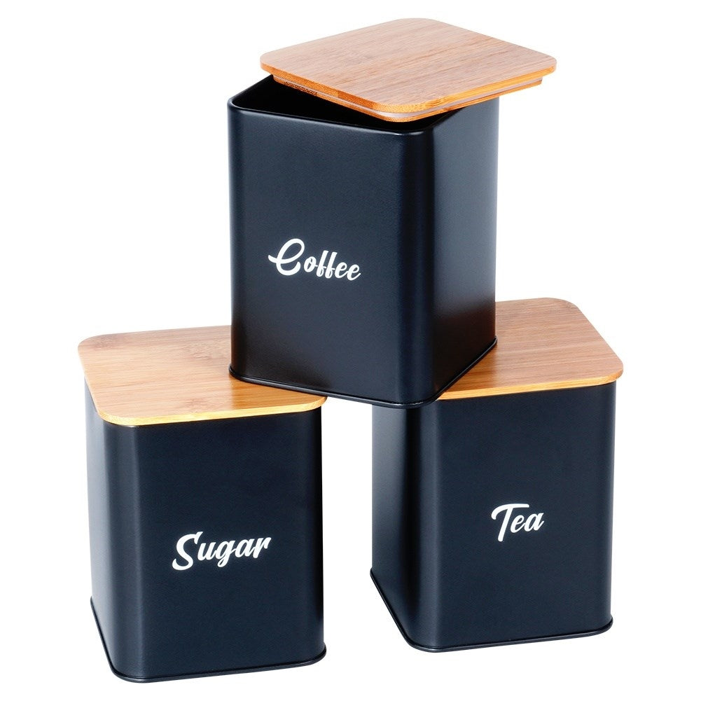 Black kitchen container set with bamboo lid and bread box