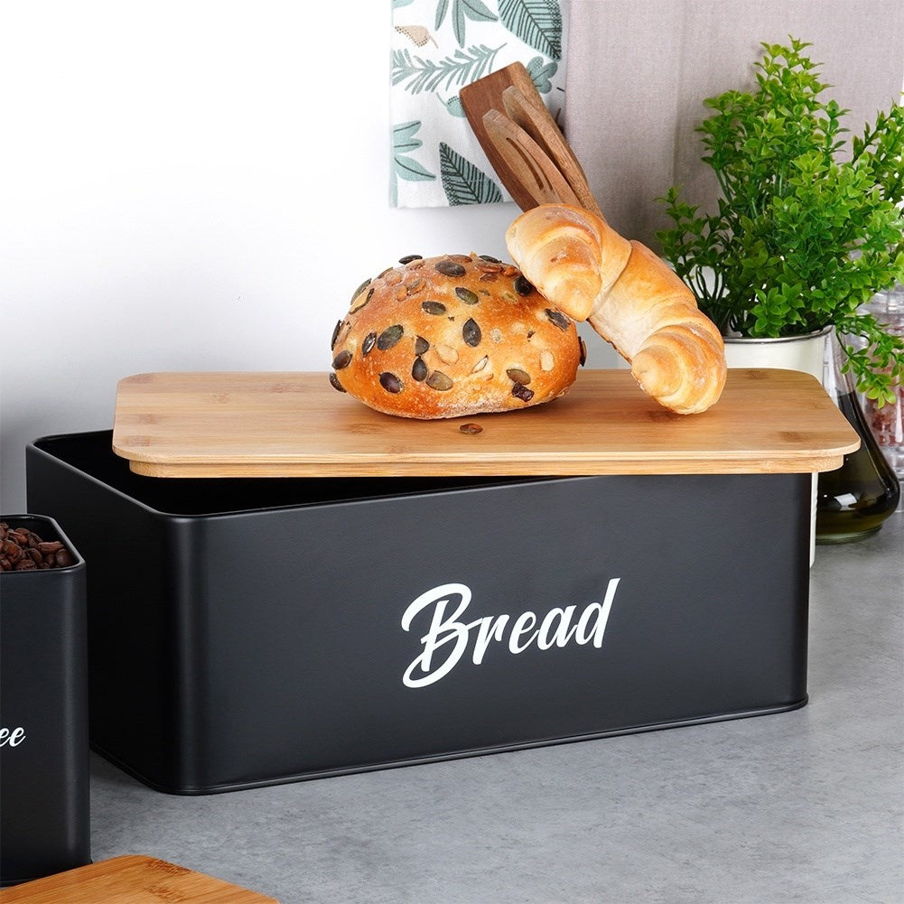 Black kitchen container set with bamboo lid and bread box