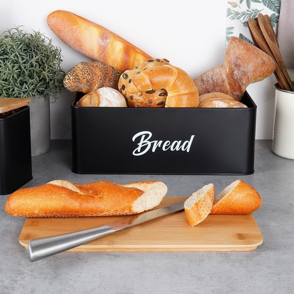 Black kitchen container set with bamboo lid and bread box