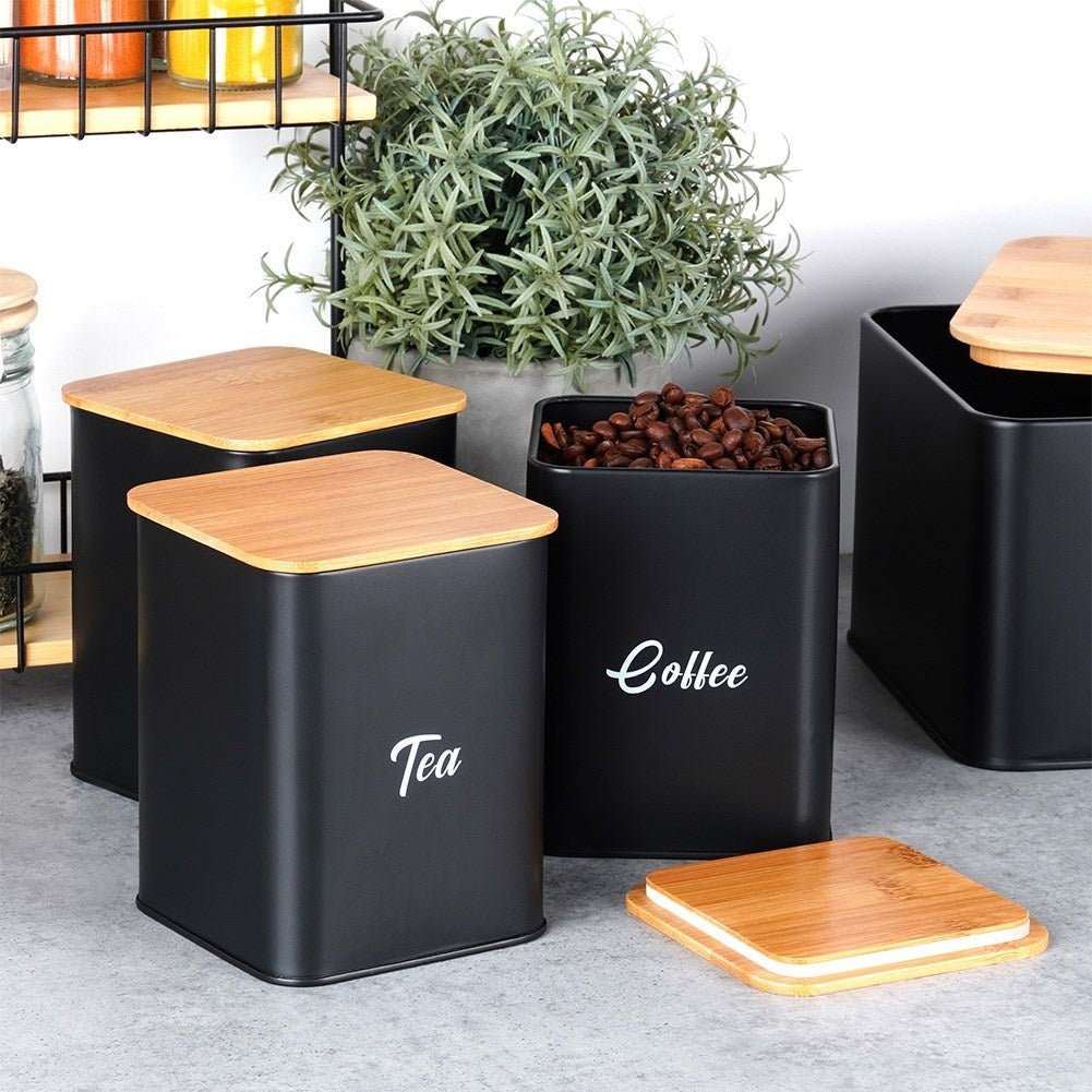 Black kitchen container set with bamboo lid and bread box