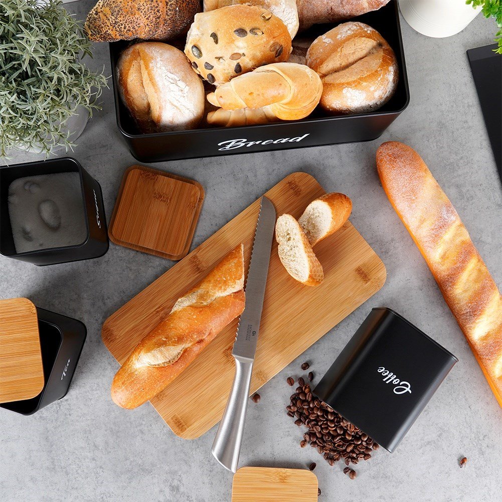 Black kitchen container set with bamboo lid and bread box