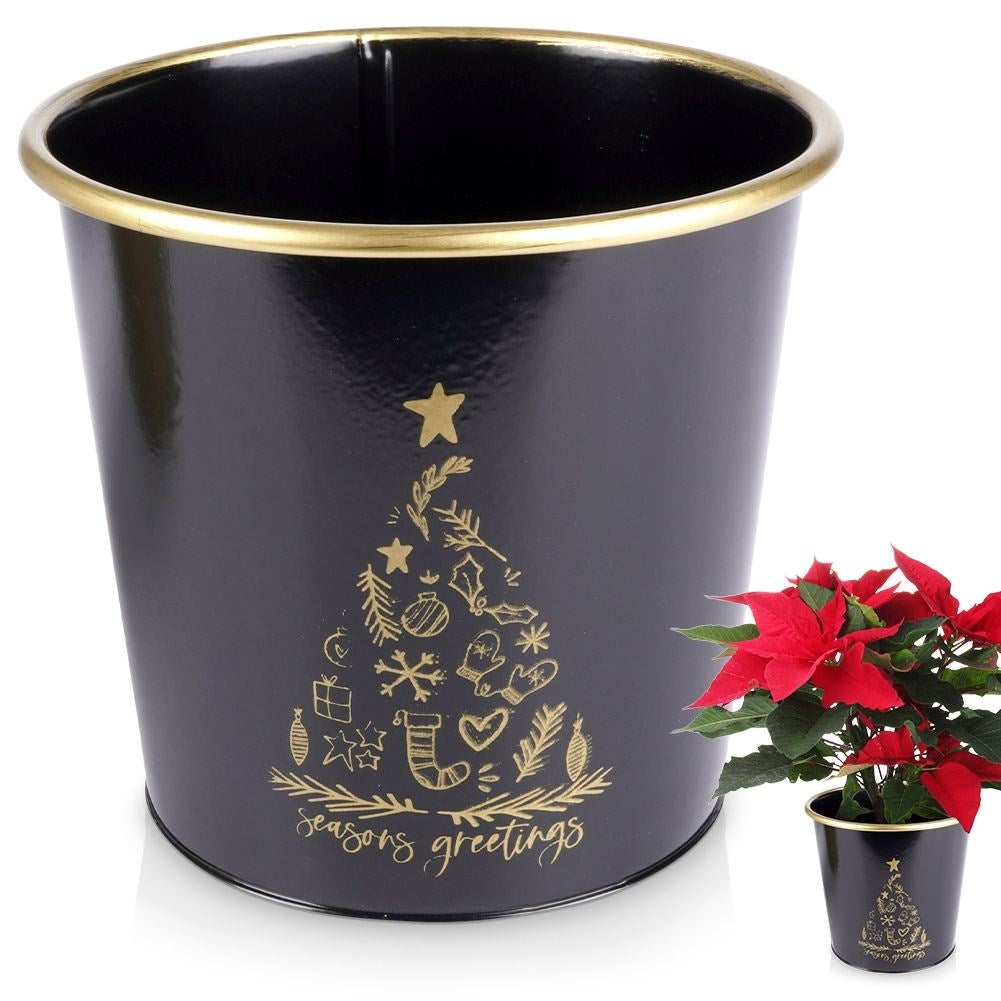 Black metal Christmas pot with golden Christmas tree decoration
