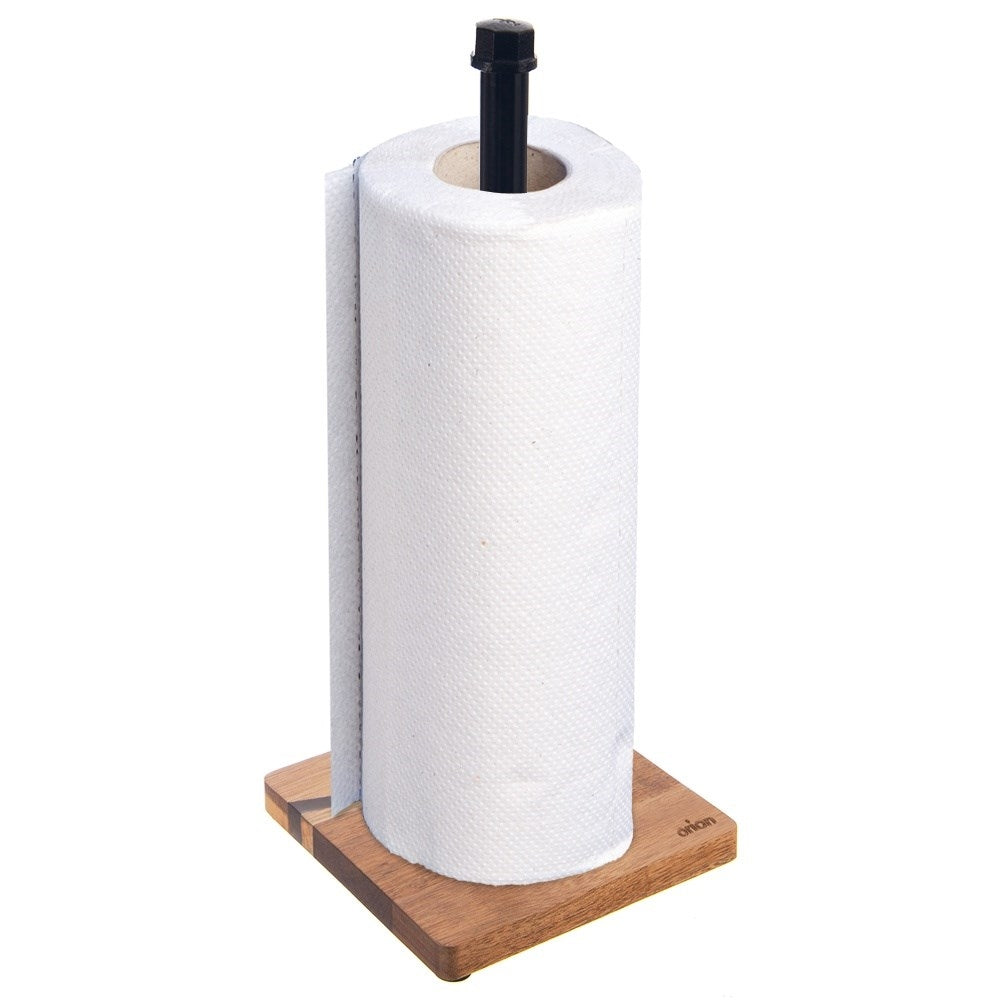 Black metal & acacia wood kitchen paper towel rack