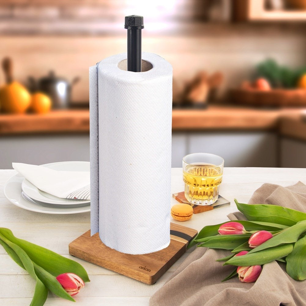 Black metal & acacia wood kitchen paper towel rack