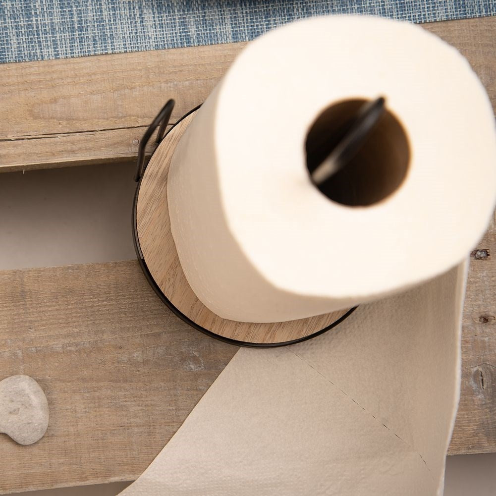 Black metal and wood kitchen paper towel rack