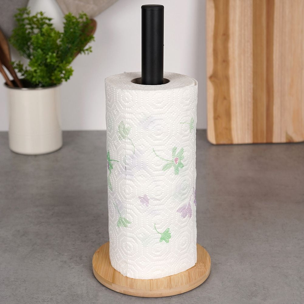 Black metal & bamboo kitchen paper towel rack, LOFT style