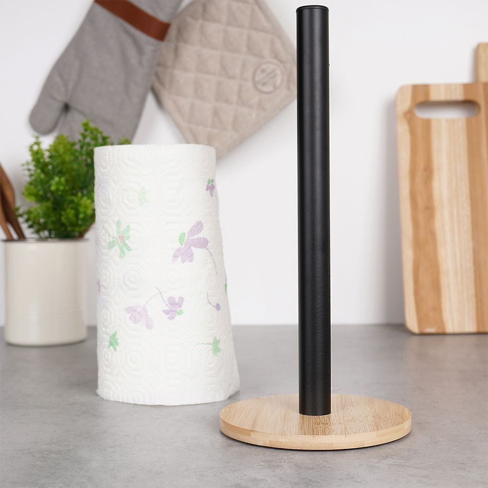 Black metal & bamboo kitchen paper towel rack, LOFT style