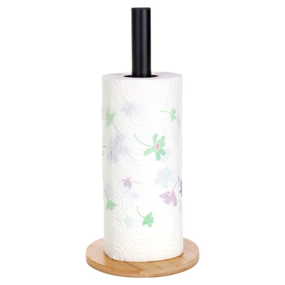 Black metal & bamboo kitchen paper towel rack, LOFT style