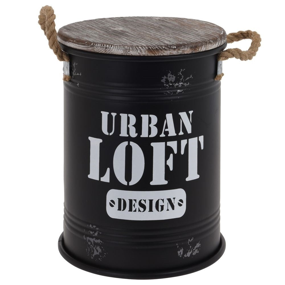 Black metal barrel with wooden lid and rope handle