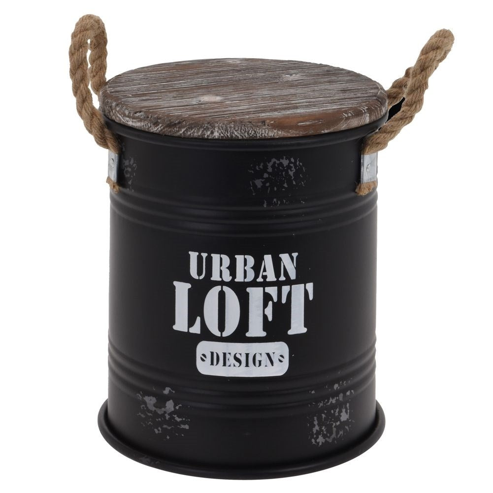 Black metal barrel with wooden lid and rope handle for decoration