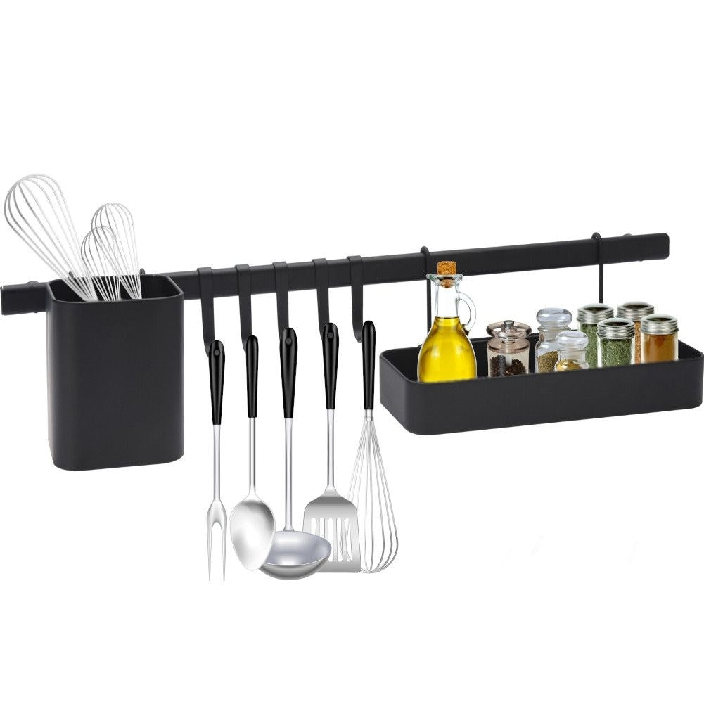Black metal bar with hooks, shelf and basket for the kitchen