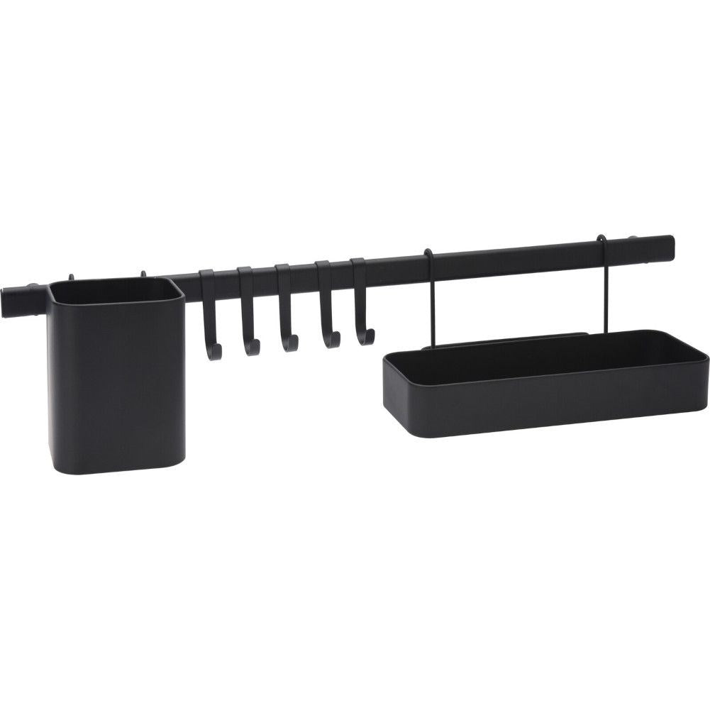 Black metal bar with hooks, shelf and basket for the kitchen