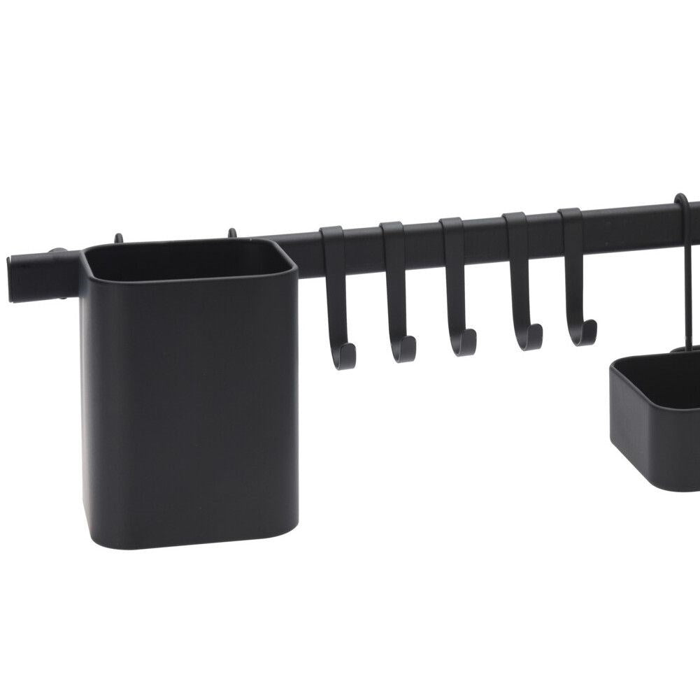 Black metal bar with hooks, shelf and basket for the kitchen