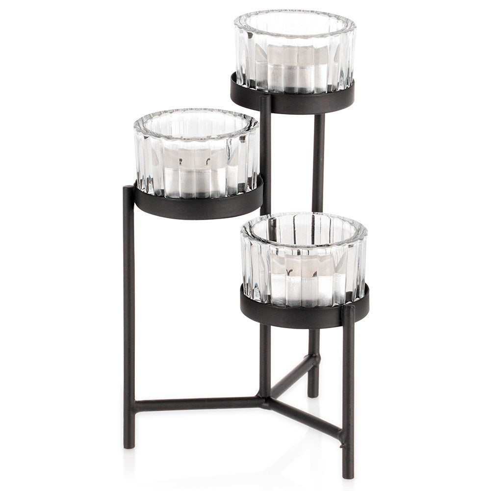 Black metal candlestick with glass inserts for 3 candles 11x11x18.5 cm