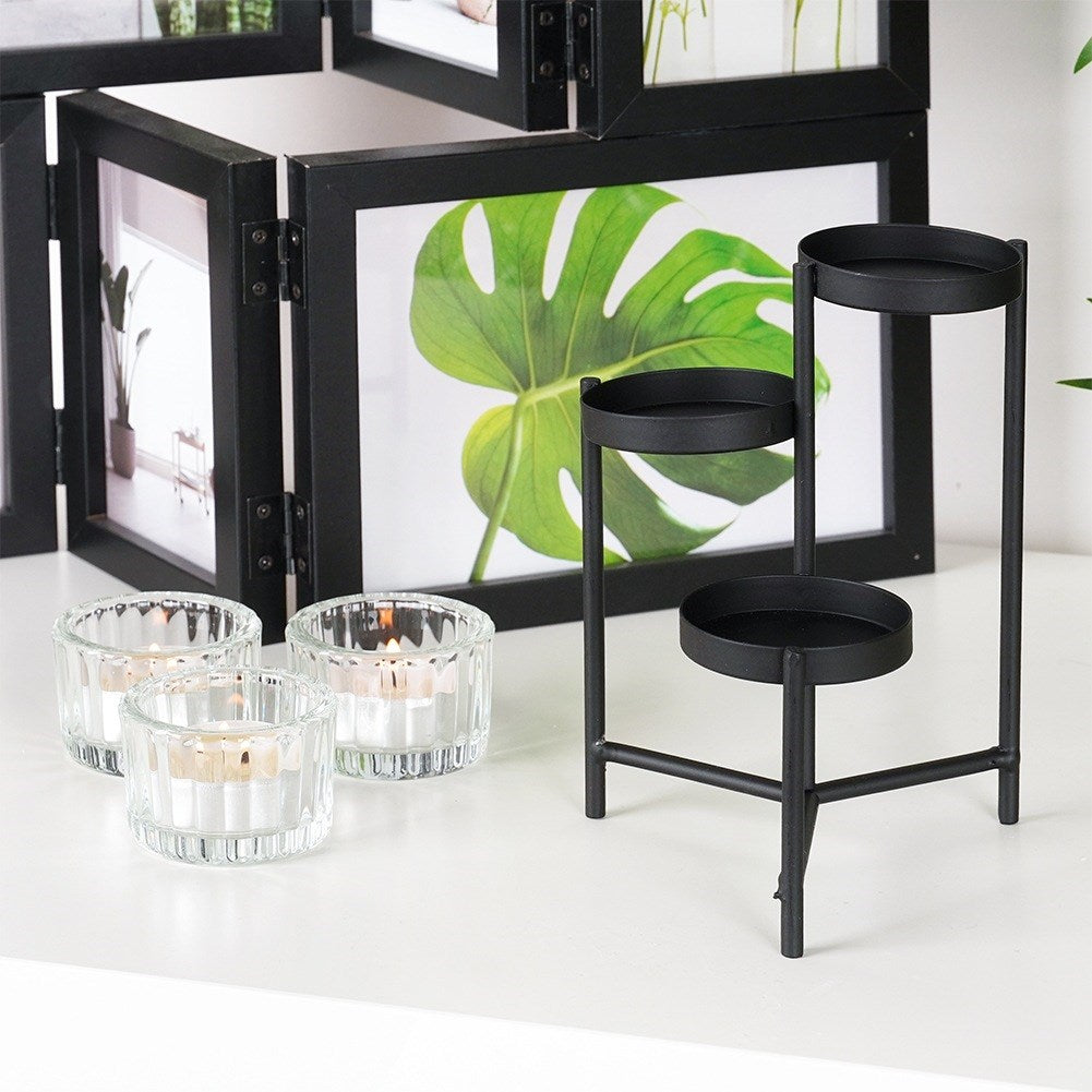 Black metal candlestick with glass inserts for 3 candles 11x11x18.5 cm
