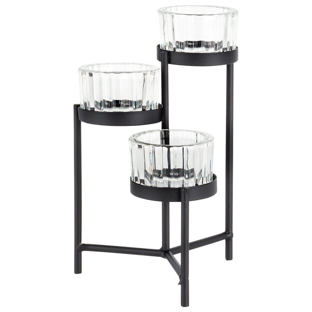 Black metal candlestick with glass inserts for 3 candles 11x11x18.5 cm