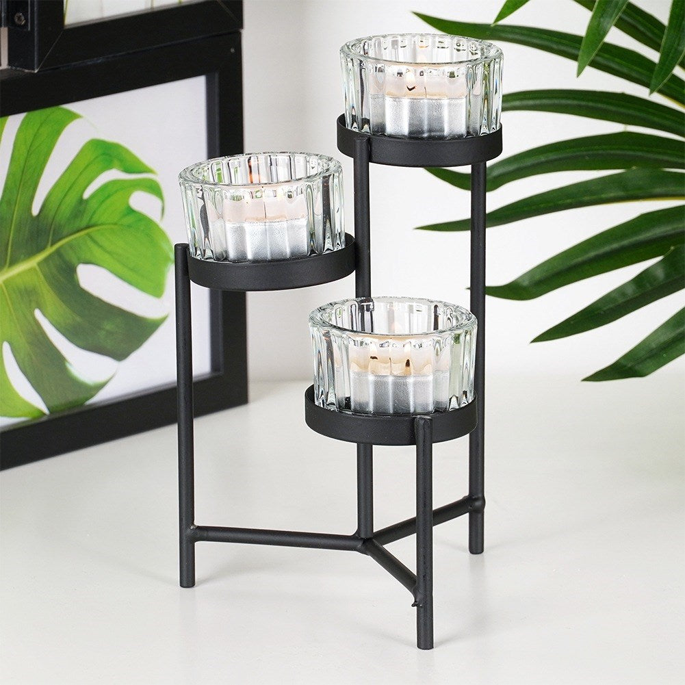 Black metal candlestick with glass inserts for 3 candles 11x11x18.5 cm