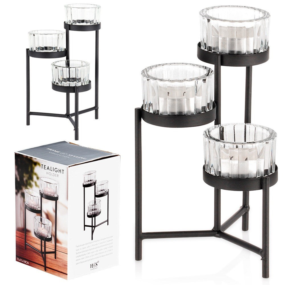 Black metal candlestick with glass inserts for 3 candles 11x11x18.5 cm