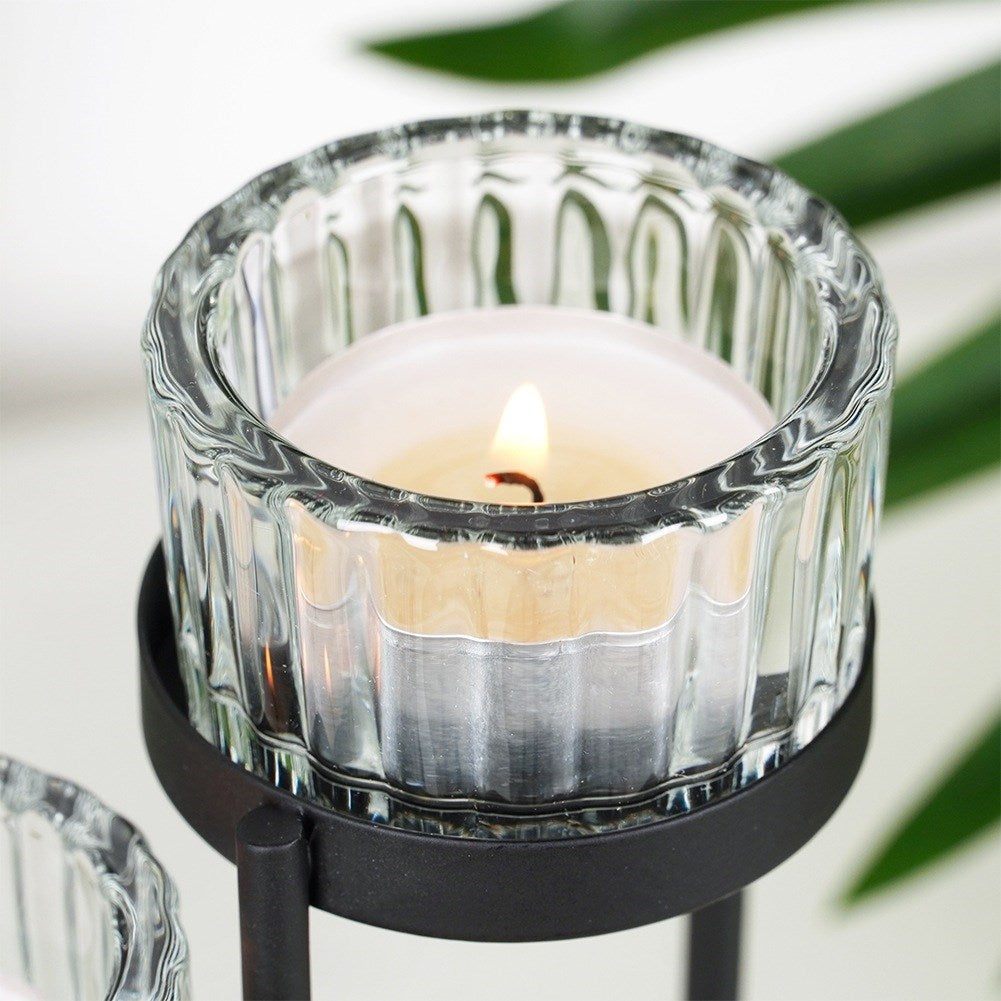 Black metal candlestick with glass inserts for 3 candles 11x11x18.5 cm