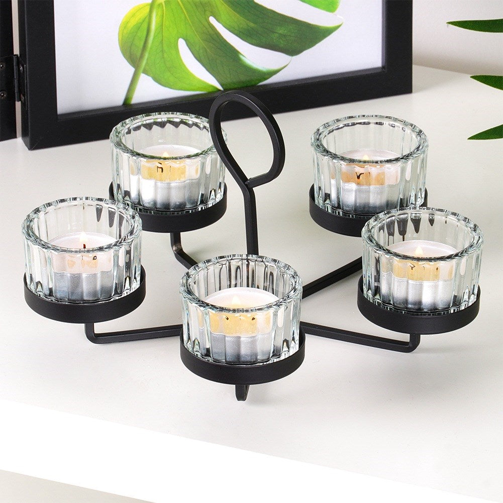 Black metal candlestick with glass inserts for 5 candles 21x21x12 cm