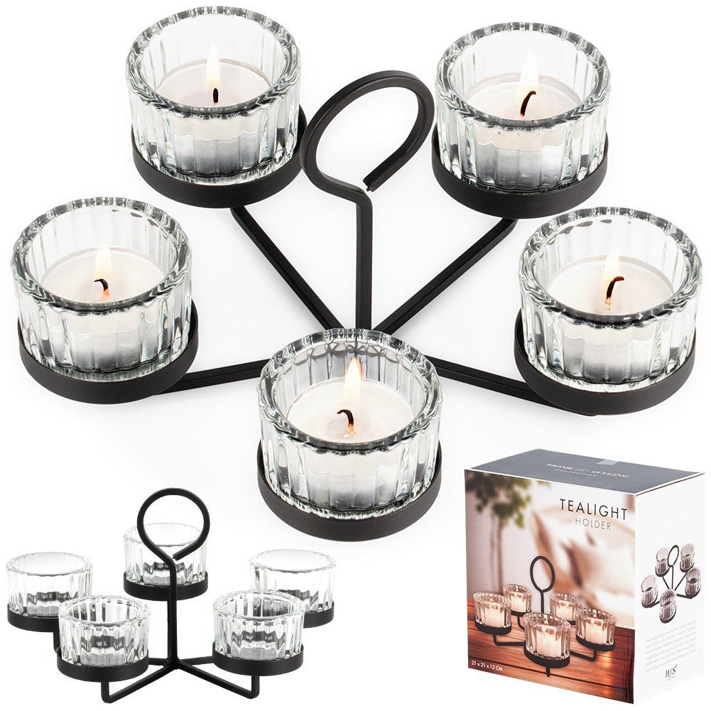 Black metal candlestick with glass inserts for 5 candles 21x21x12 cm