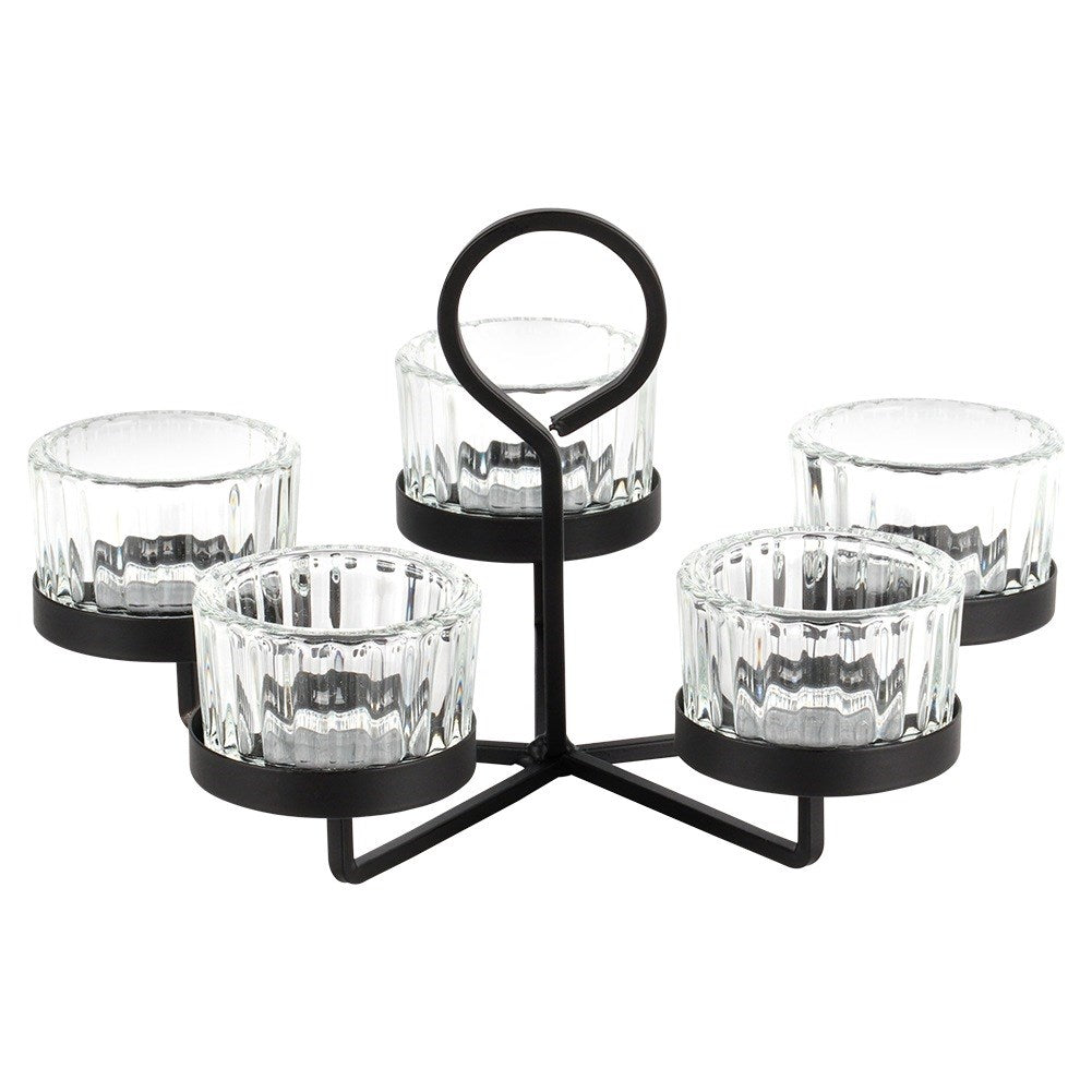 Black metal candlestick with glass inserts for 5 candles 21x21x12 cm