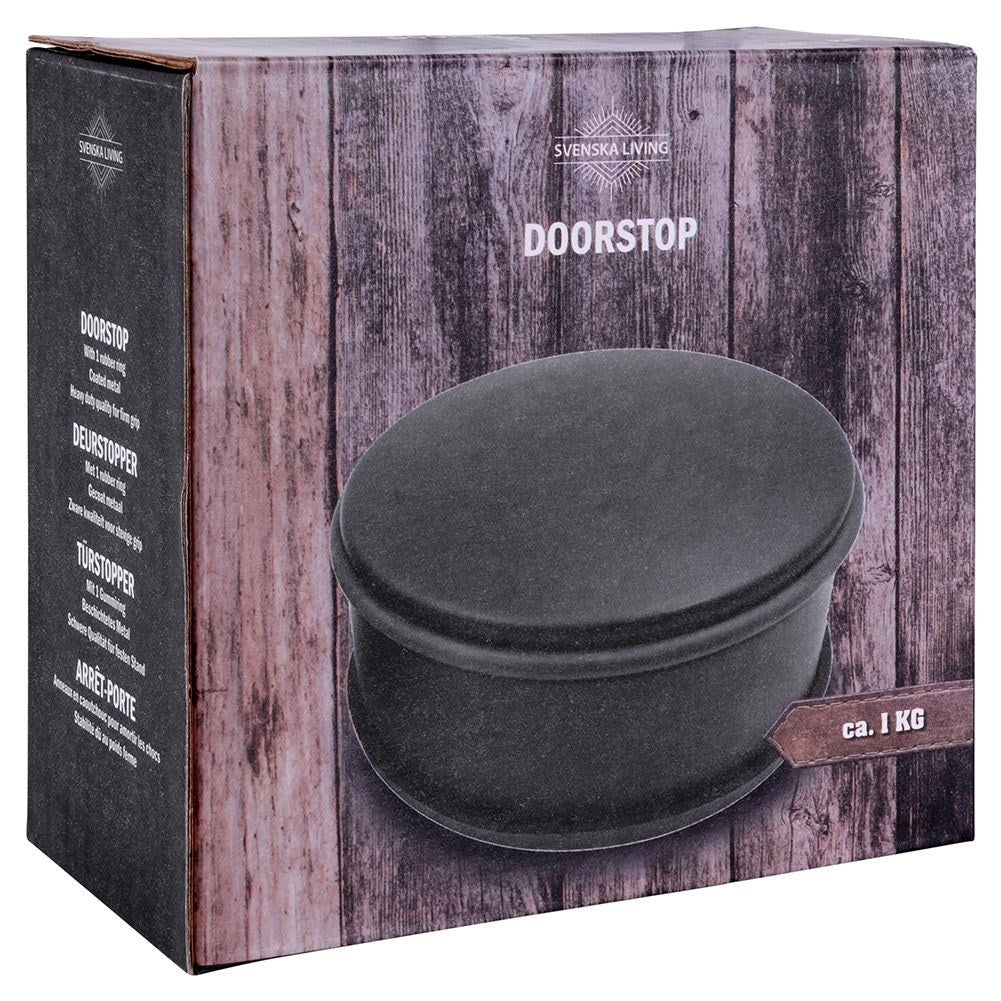 Black metal door stop with rubber cover, no assembly