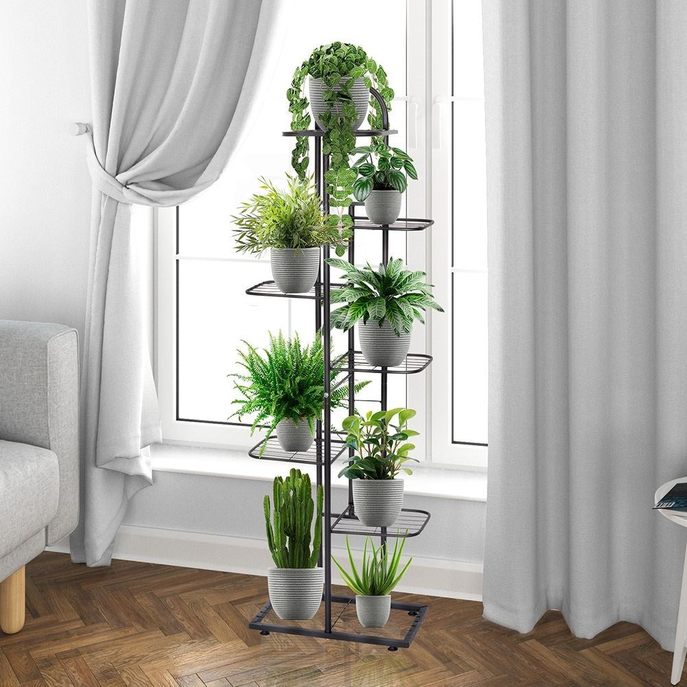 Black metal flower stand with 7 levels for potted plants