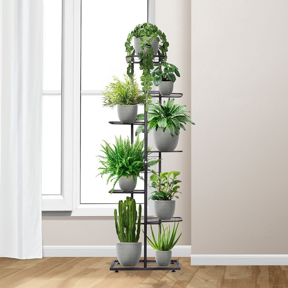 Black metal flower stand with 7 levels for potted plants