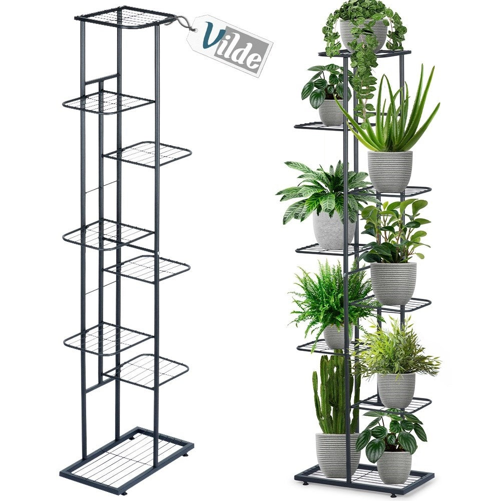 Black metal flower stand with eight levels for pots