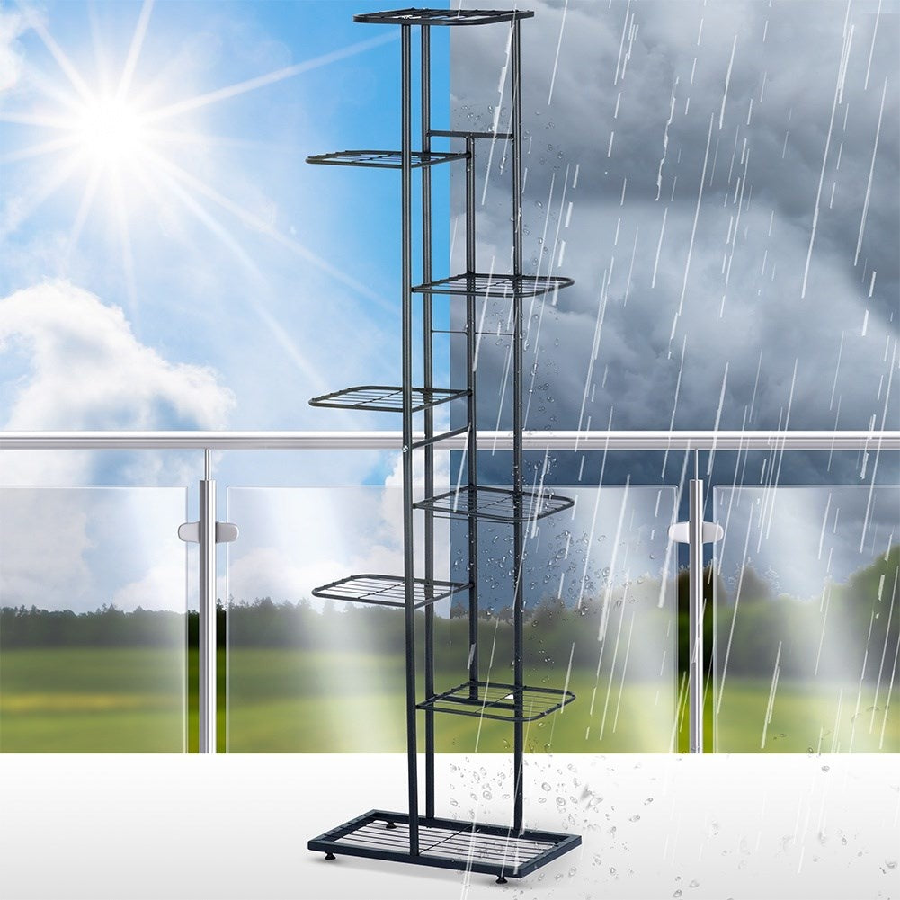 Black metal flower stand with eight levels for pots
