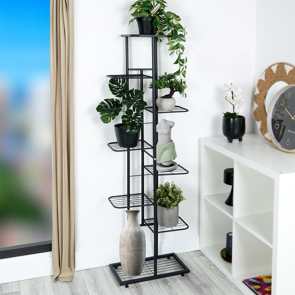 Black metal flower stand with eight levels for pots