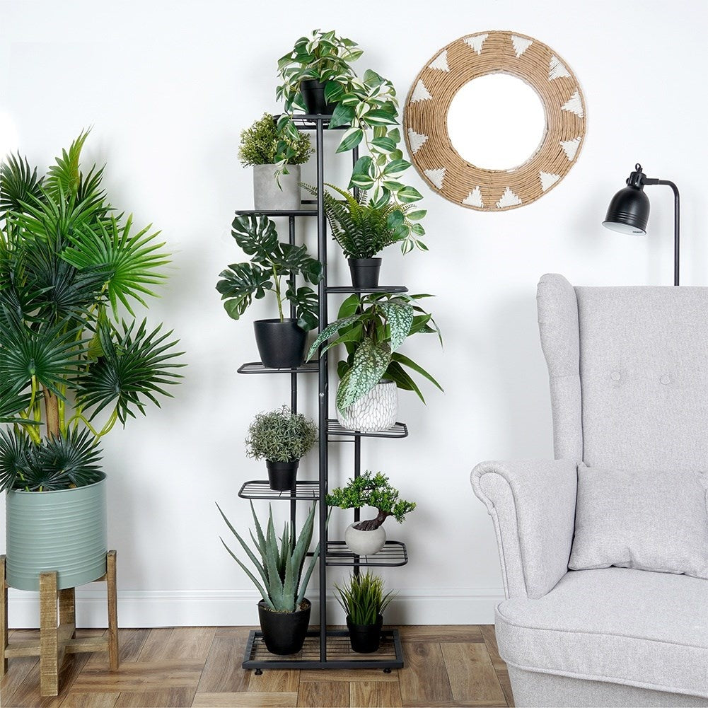 Black metal flower stand with eight levels for pots