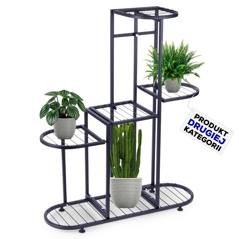 Black metal flower stand with five levels for potted plants