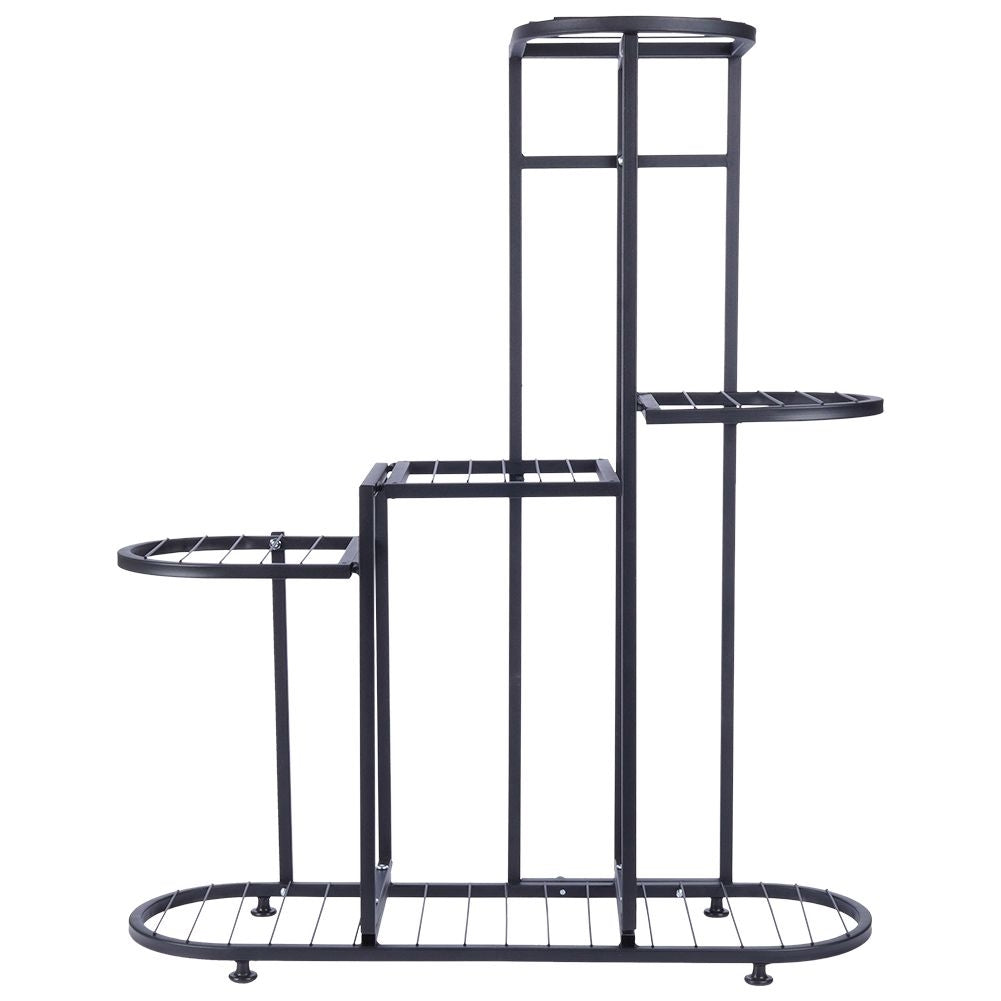Black metal flower stand with five levels for potted plants