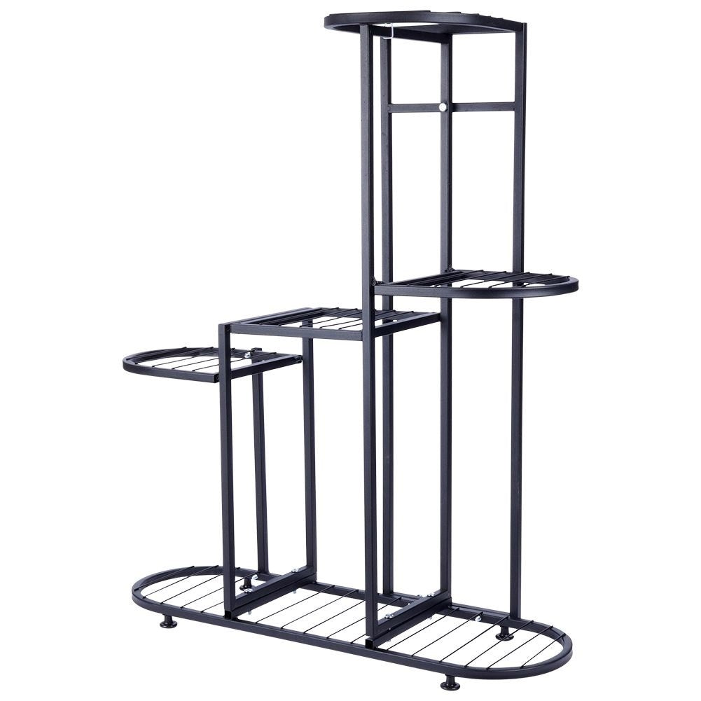 Black metal flower stand with five levels for potted plants