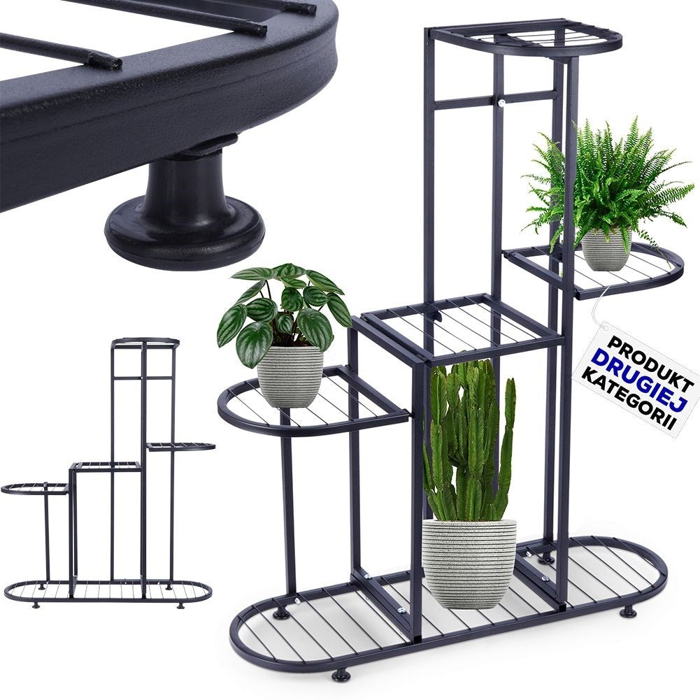 Black metal flower stand with five levels for potted plants