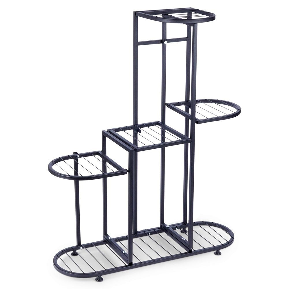 Black metal flower stand with five levels for potted plants