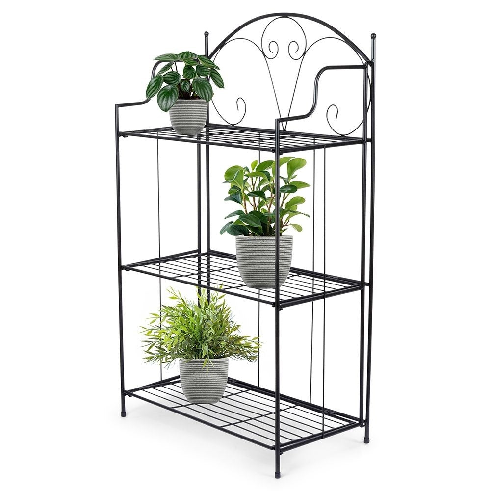 Black metal flower stand with three levels for pots
