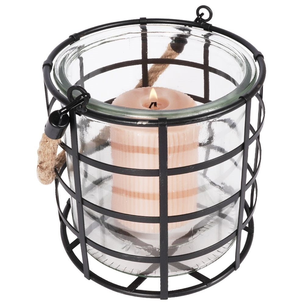 Black metal lantern with glass for home, balcony or terrace