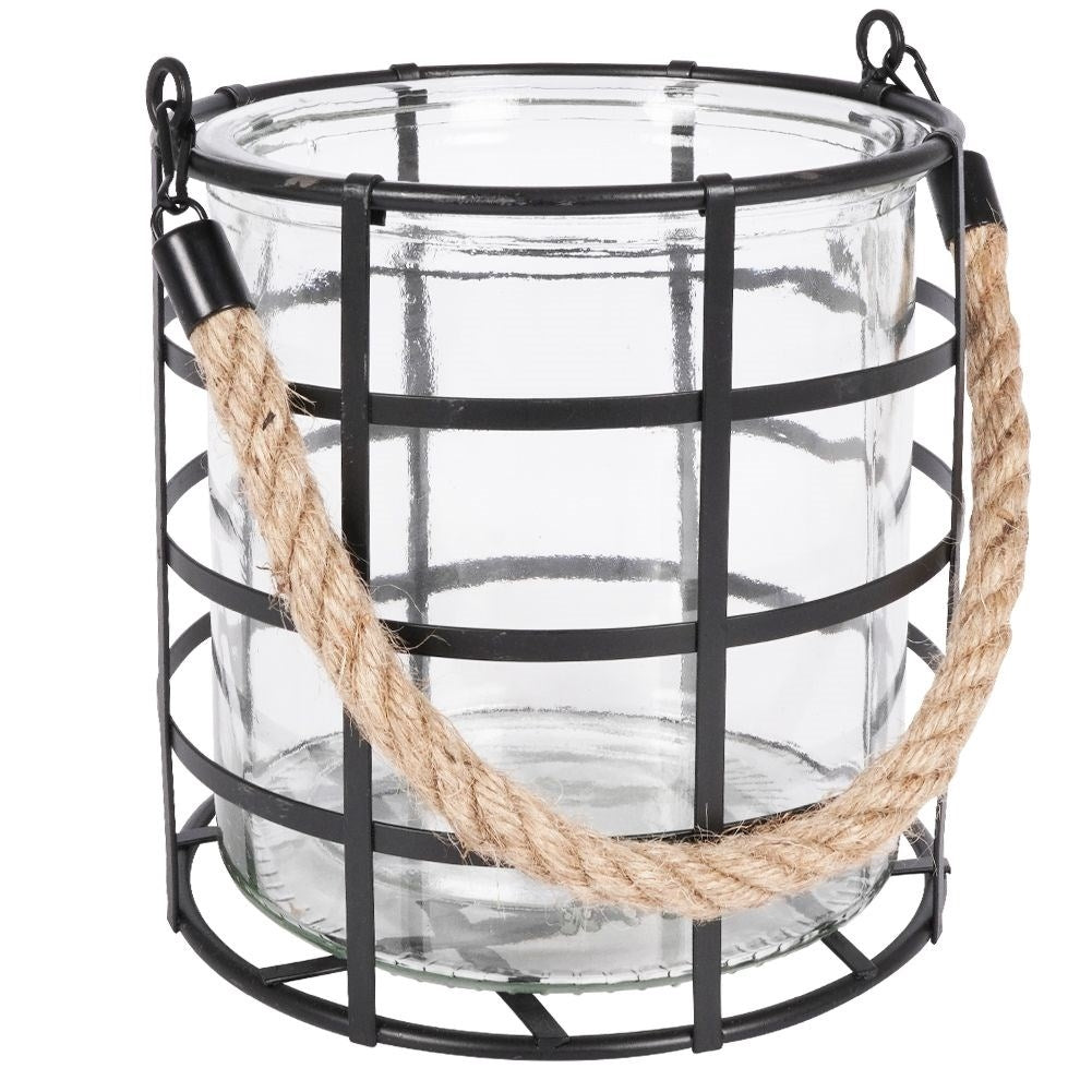 Black metal lantern with glass for home, balcony or terrace
