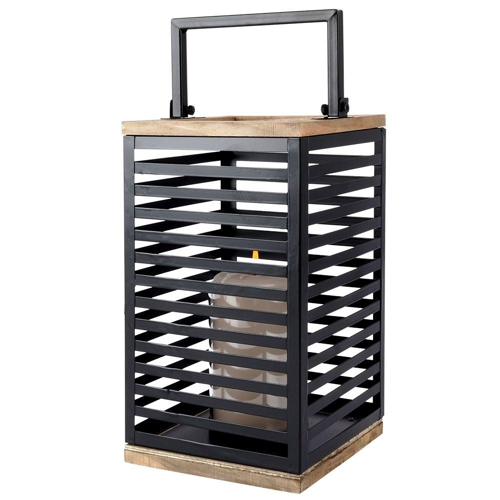 Black metal lantern with large glass insert for outside and inside