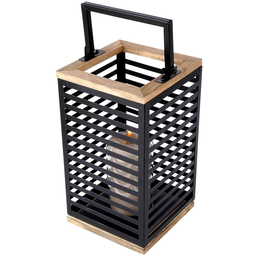 Black metal lantern with large glass insert for outside and inside