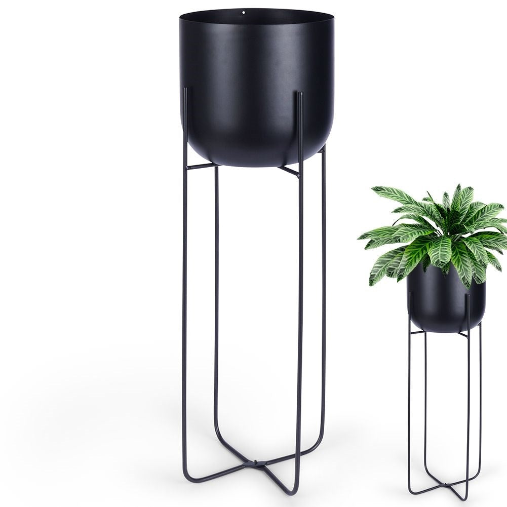 Black metal pot on stand for modern interiors